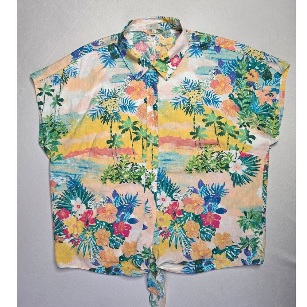 Talbots Linen Cotton Tie Hem Button Front Top - Sunset Horizon Size M